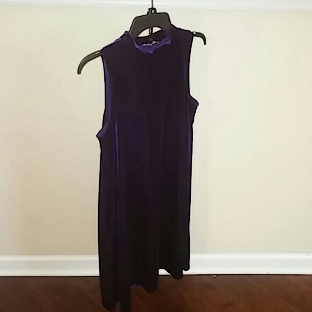 Deep purple velvet mock neck shift midi dress